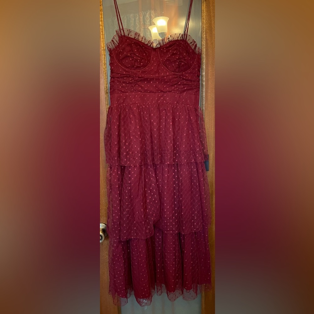 Lulu’s Sweetheart Burgundy Bustier Tulle Tier Polka Dot Cocktail Party Dress NWT
